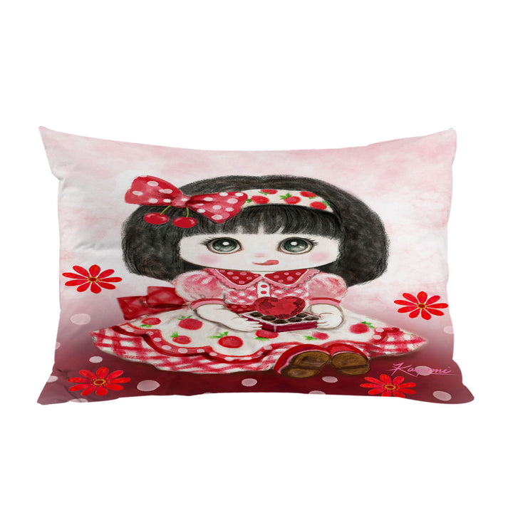 Kids Drawings Red Girl Heart and Flowers Pillowcase