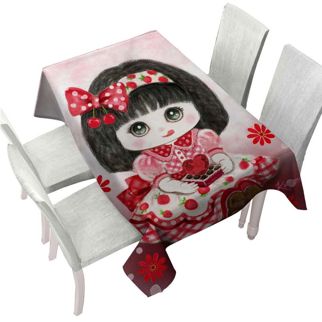 Kids Drawings Red Girl Heart and Flowers Tablecloths