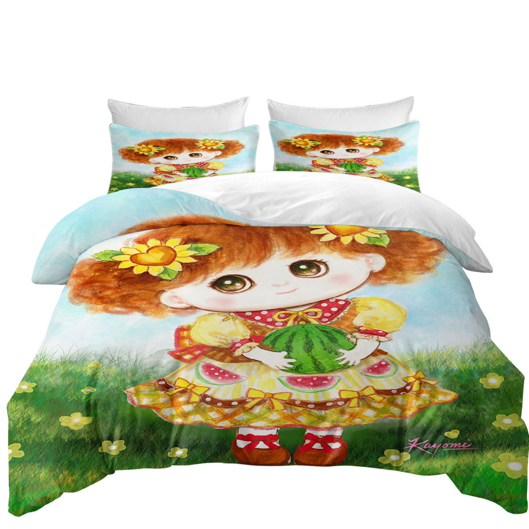 Kids Drawings Yellow Girl and Watermelon Duvet Cover