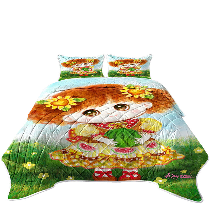 Kids Drawings Yellow Girl and Watermelon King Size Quilt Sets