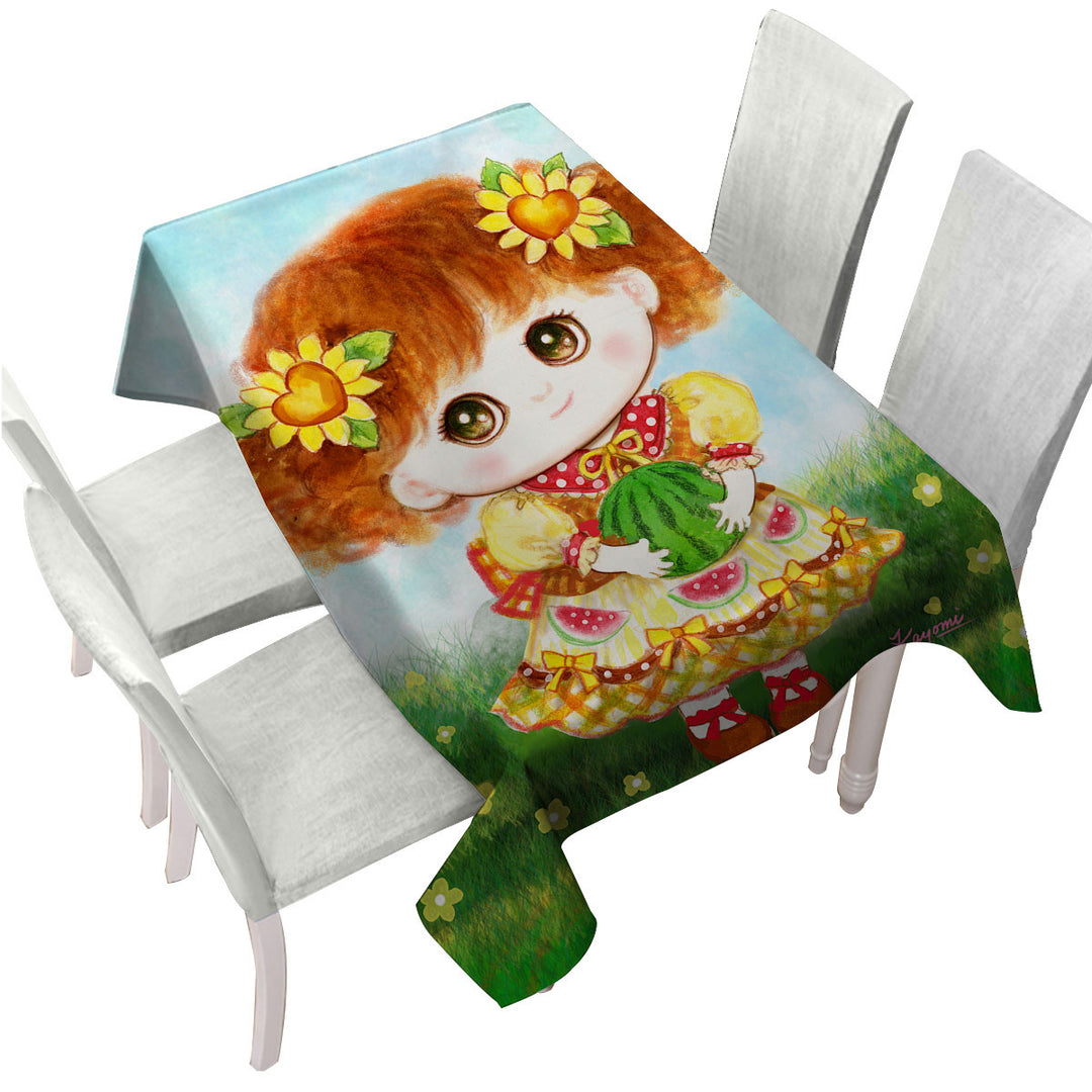 Kids Drawings Yellow Girl and Watermelon Tablecloth