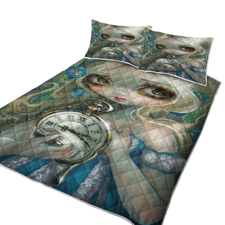 Kids Fantasy Art Keeping Up Alice Holding a Clock Quilt