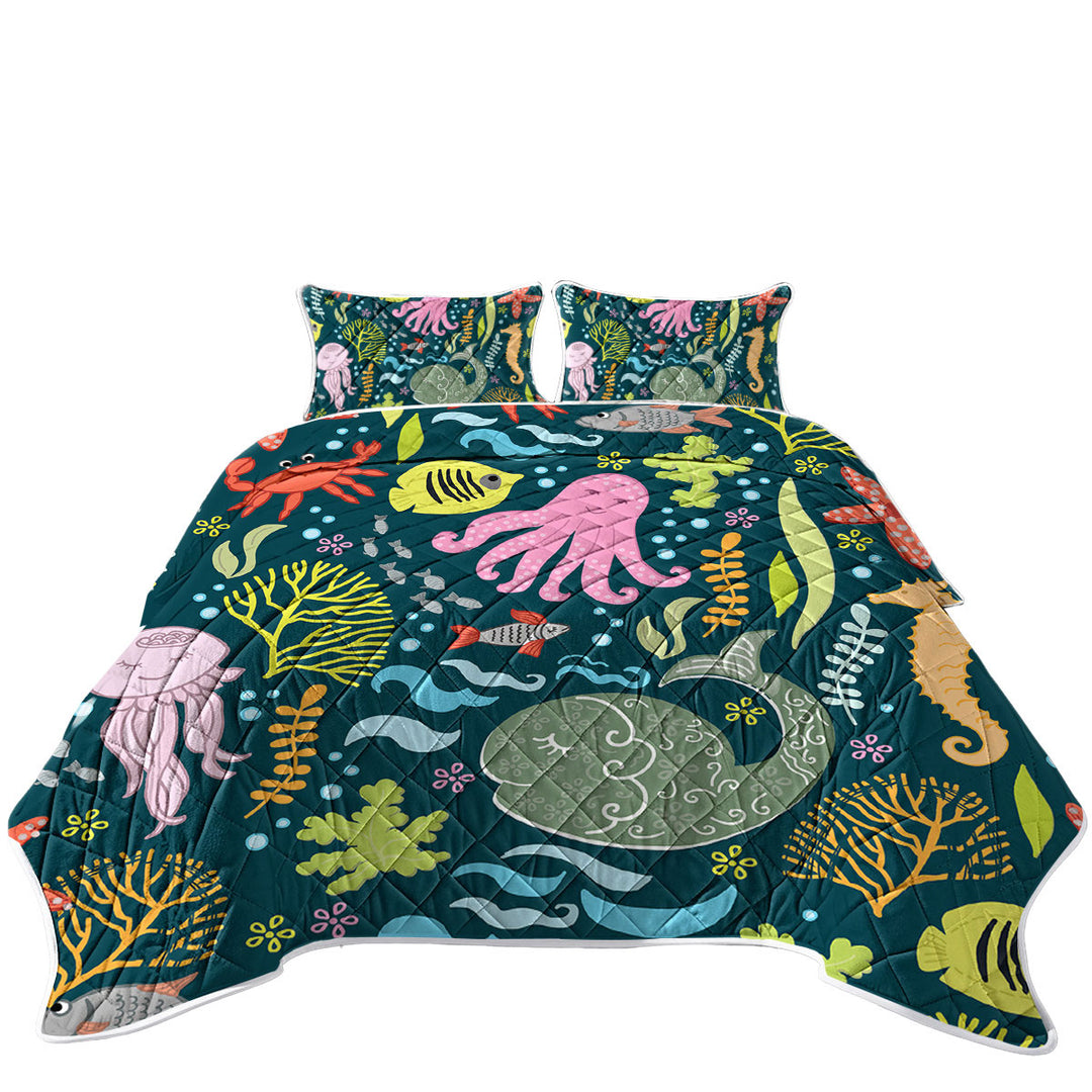 Kids Multi Colored Marine Animals King Size Quilt Sets