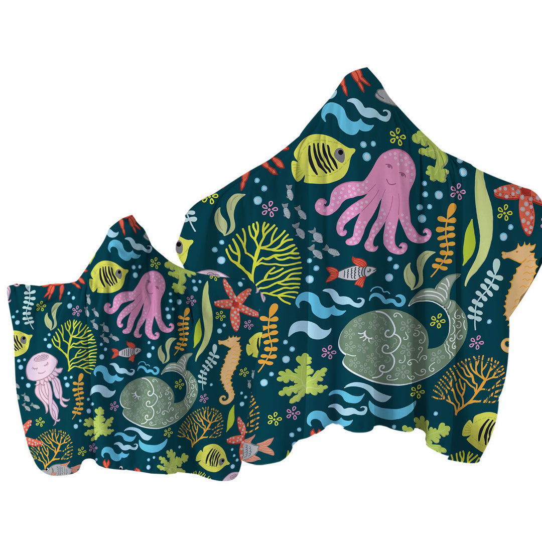 Kids Multi Colored Marine Animals Towel Hoodie