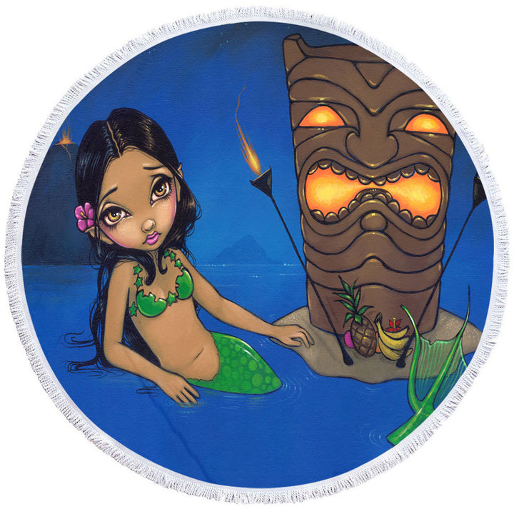Kids Painting Beautiful Tiki Mermaid Round Towel