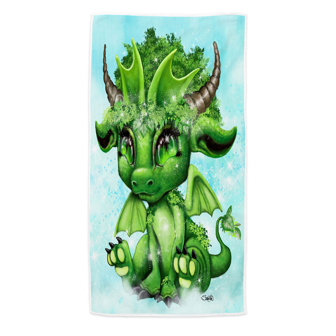 Kids Pool Towels Cute Fantasy Creature Green Leaf Lil Dragon
