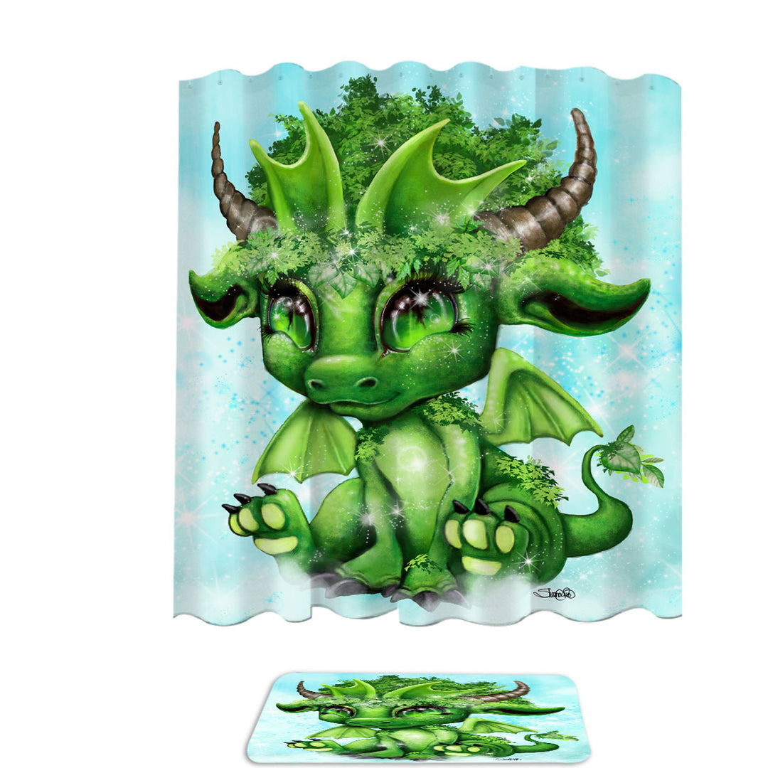Kids Shower Curtains Cute Fantasy Creature Green Leaf Lil Dragon