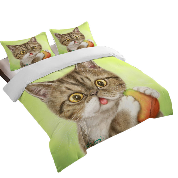 King Duvet Cover set with Cats Art Paintings Cute Pear Eating Kitten