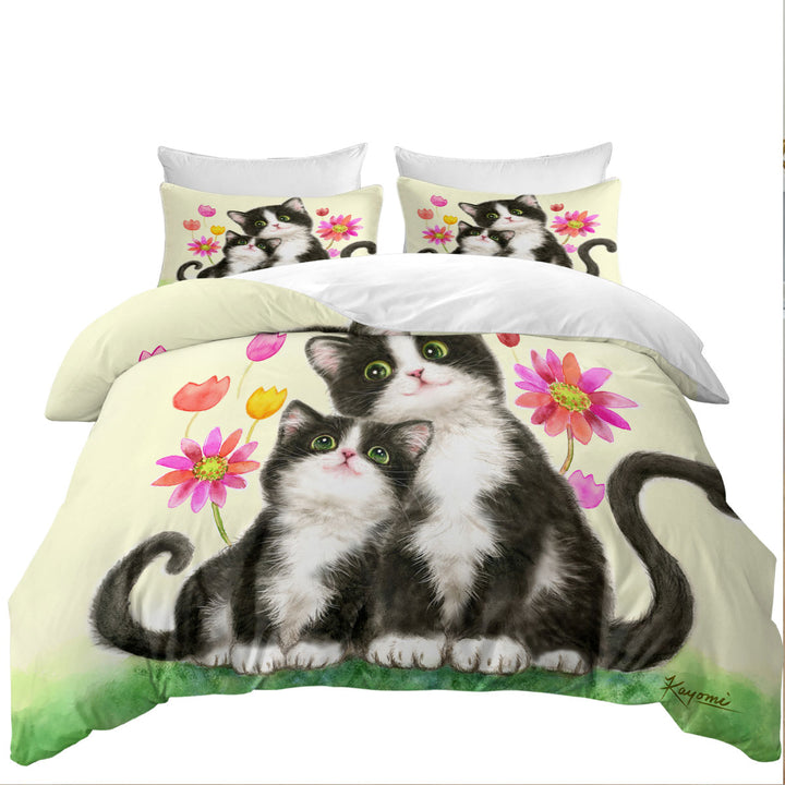 King Duvet Cover set with Cute Black and White Cats Mother and Daughter