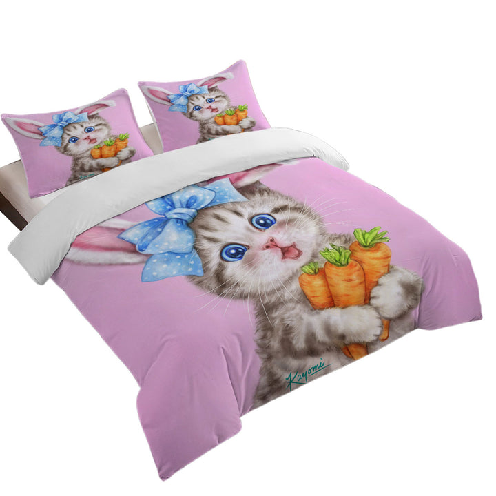 King Duvet Cover set with Cute Cat Drawings for Kids the Rabbit Kitten