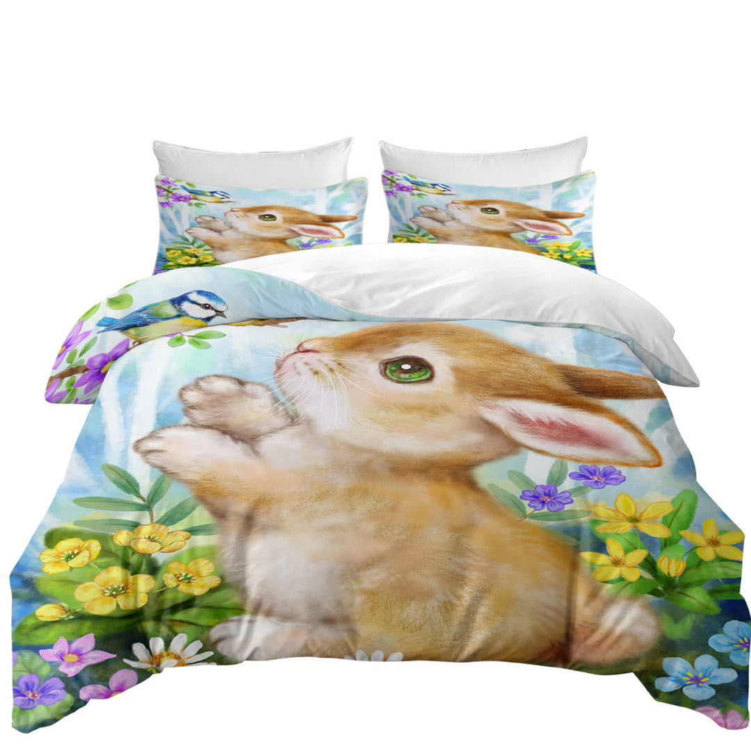 King Duvet Cover set with Cute Children Art Designs Flowers Bunny and Bird