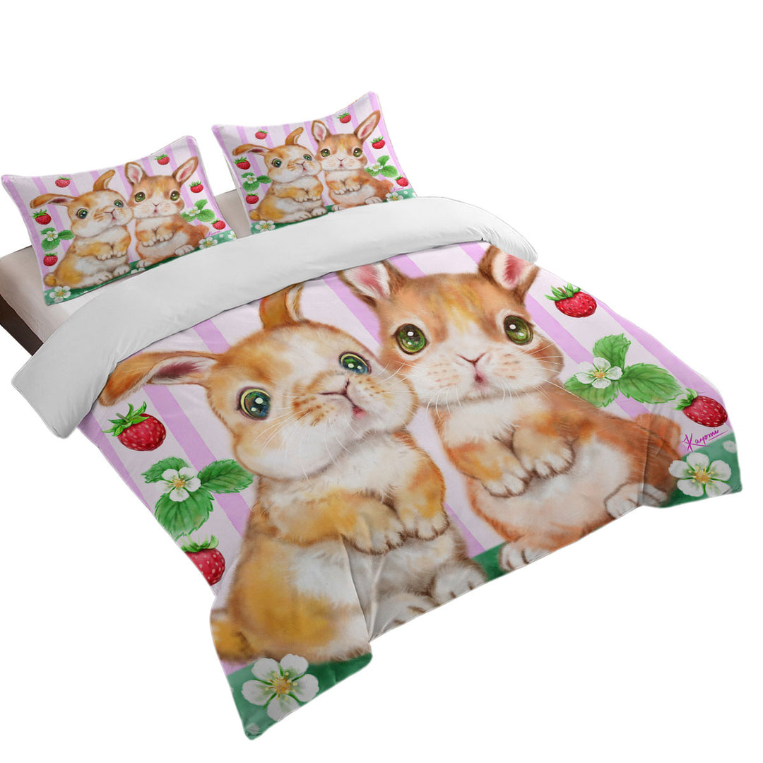 King Duvet Cover set with Cute Kids Art Designs Bunnies and Strawberries