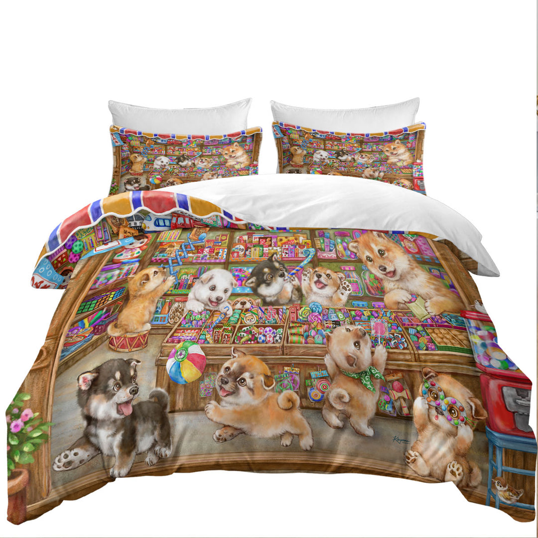 King Duvet Cover set with Cute Shiba Inu Dog Puppies in Candy Store