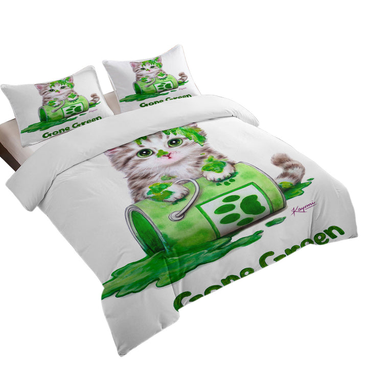 King Duvet Cover set with Funny Cute Cats Gone Green Tabby Kitten
