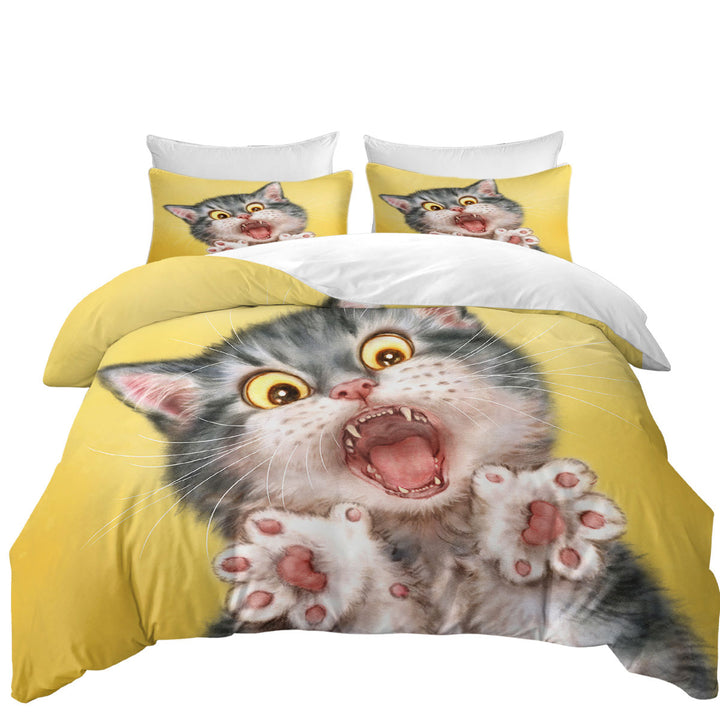 King Duvet Cover set with Funny Painted Cats Screaming Grey Kitten