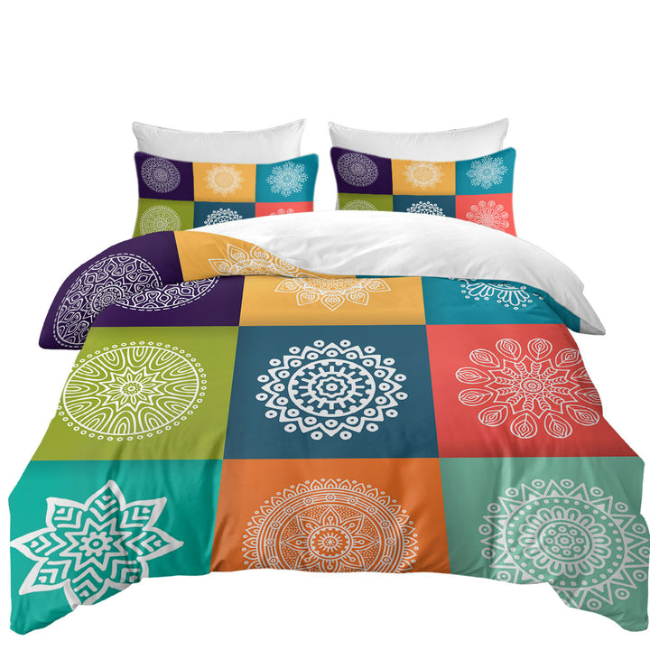 King Duvet Cover set with Multi Colored Panel and White Mandalas