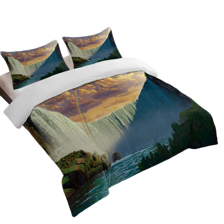 King Duvet Cover set with Nature Landscape Art Rainbow over the Niagara Falls