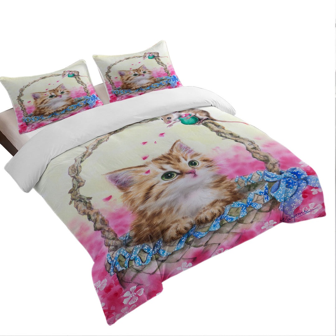 King Duvet Cover set with Pink Garden and Ginger Kitty Cat in a Basket