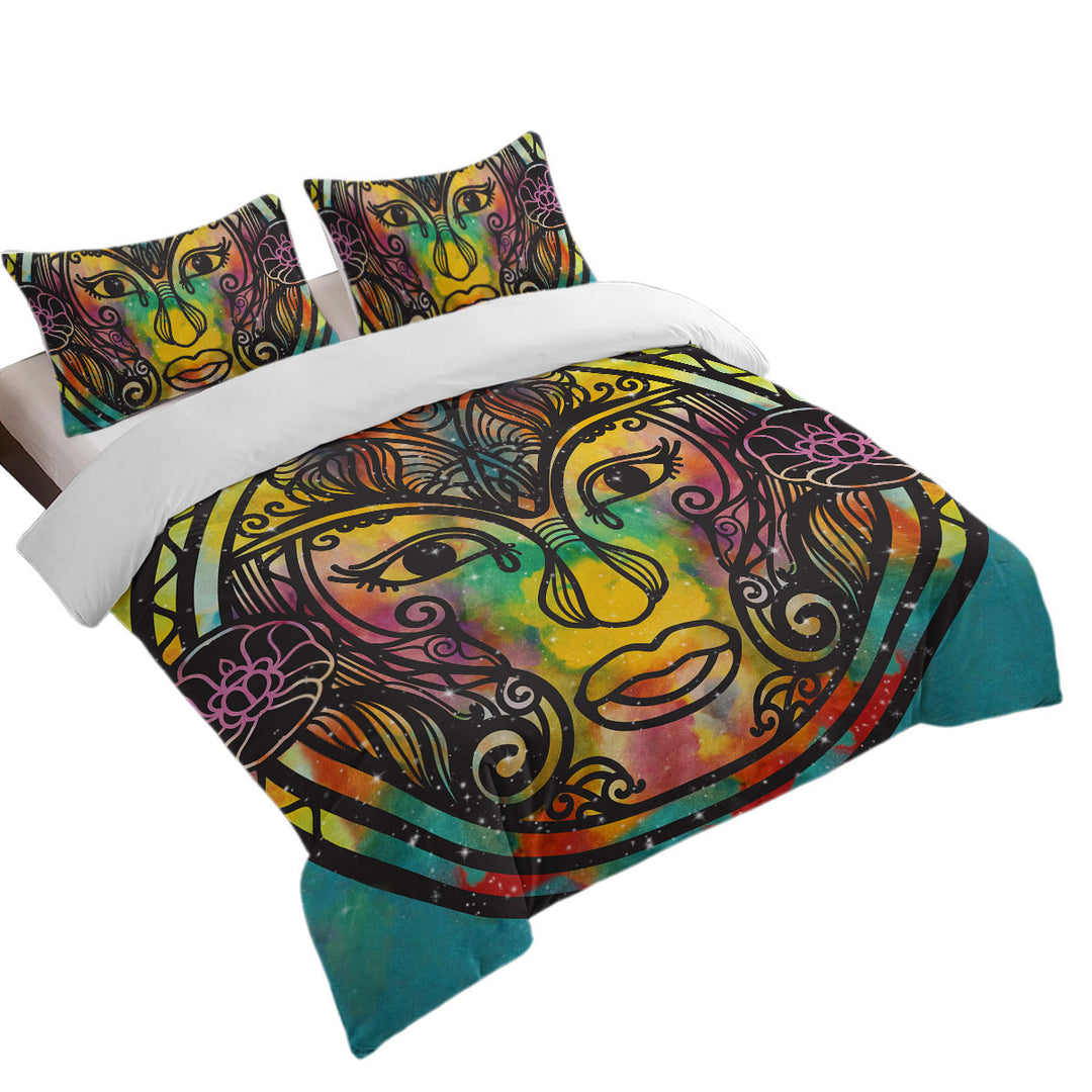 King Duvet Cover set with Spiritual Oriental God Face over Space