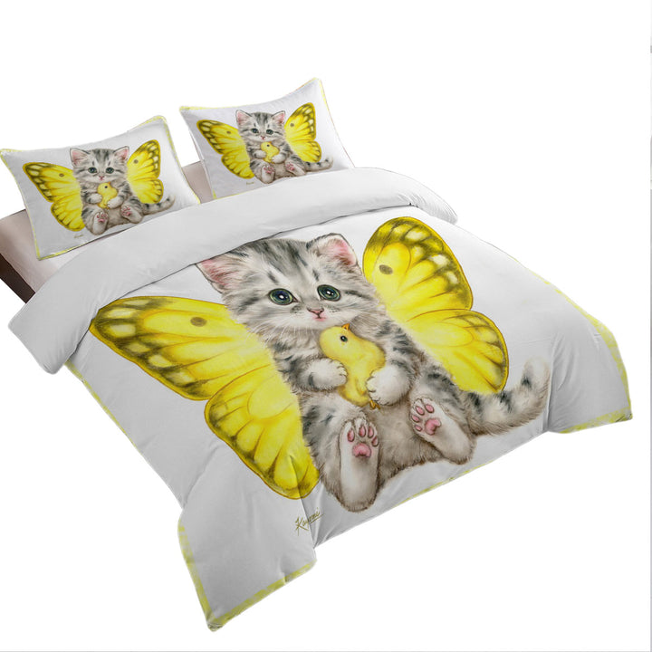 King Duvet Cover set with Sweet Yellow Butterfly Kitten and Chick