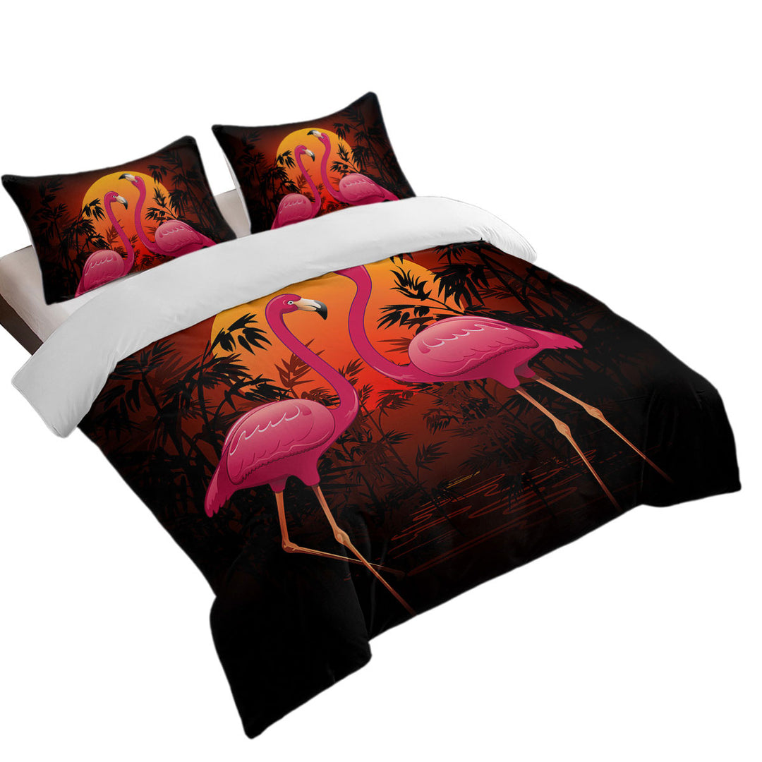 King Duvet Cover set with Tropical Sunset Flamingos