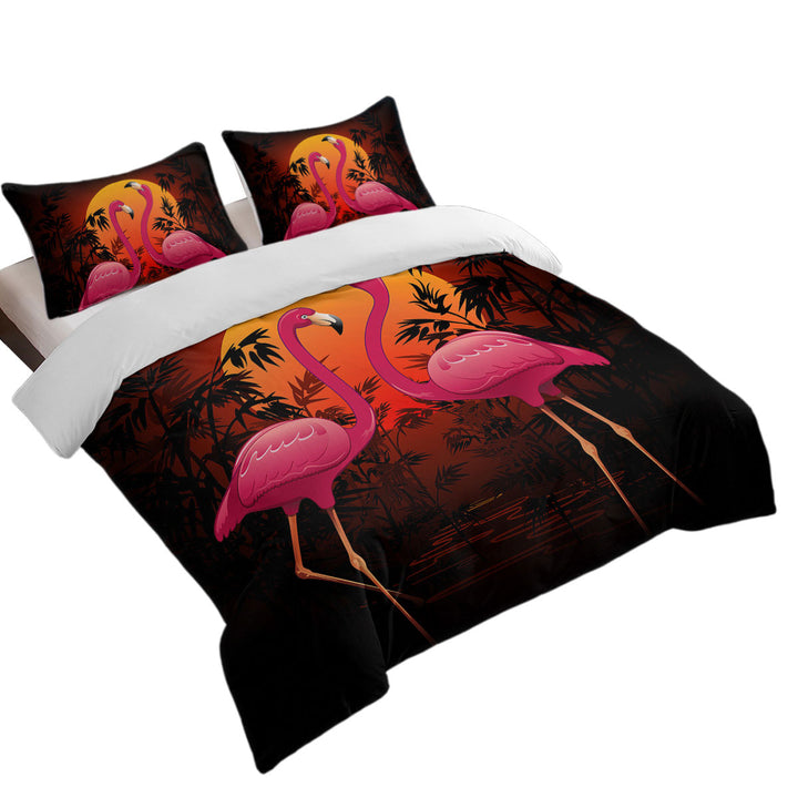 King Duvet Cover set with Tropical Sunset Flamingos