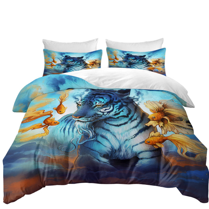 King Duvet Cover set with Wildlife Painting Dream Gold Fish and Tiger
