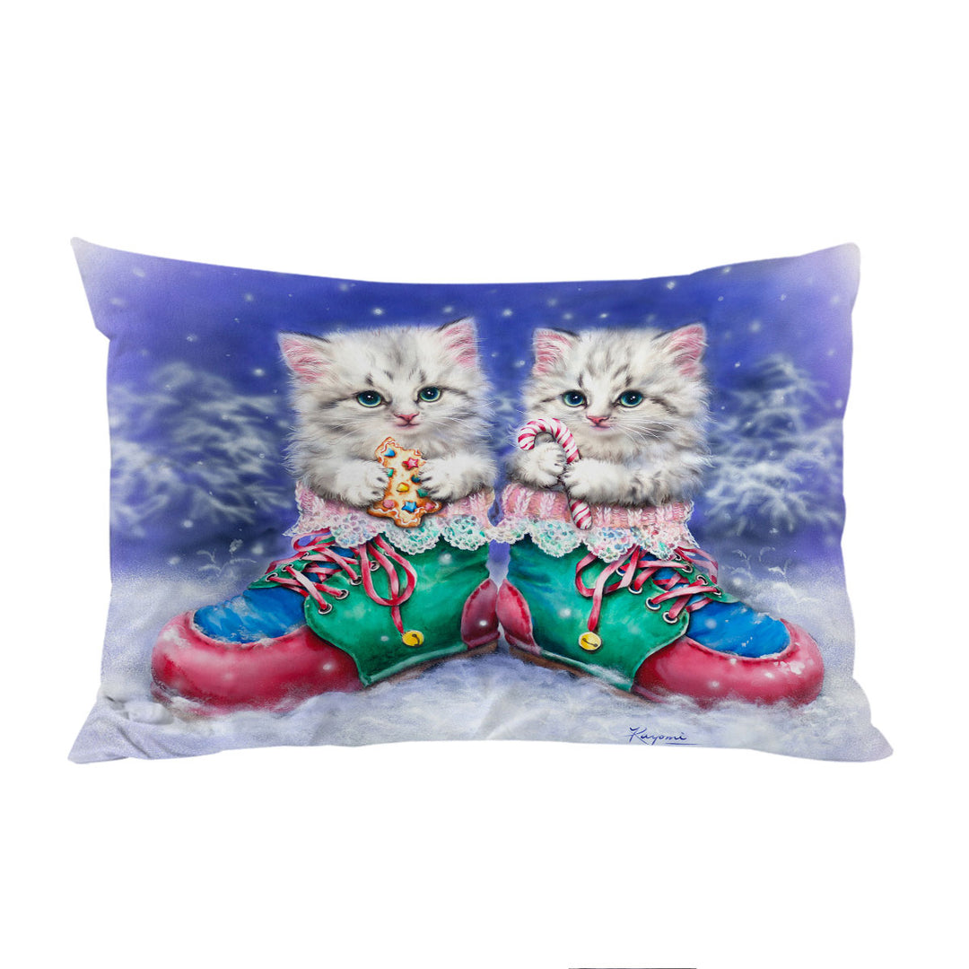 King Pillow Cases with Christmas Winter Boots with Cute Grey Kittens