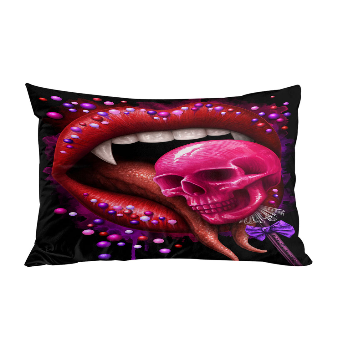 King Pillow Cases with Cool Art Black Deadly Sweet Lips and Lollipop Skull