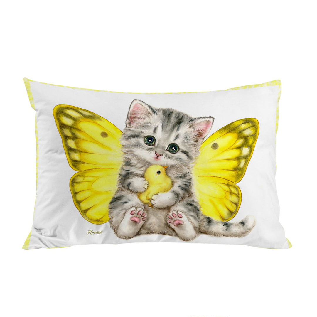 King Pillow Cases with Sweet Yellow Butterfly Kitten and Chick