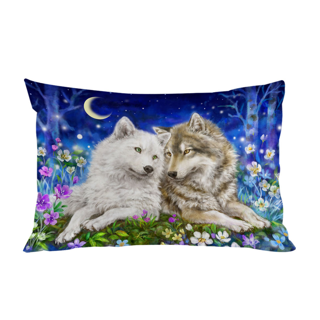 King Pillow Cases with Wolves Art Design Flowers and Love at Night