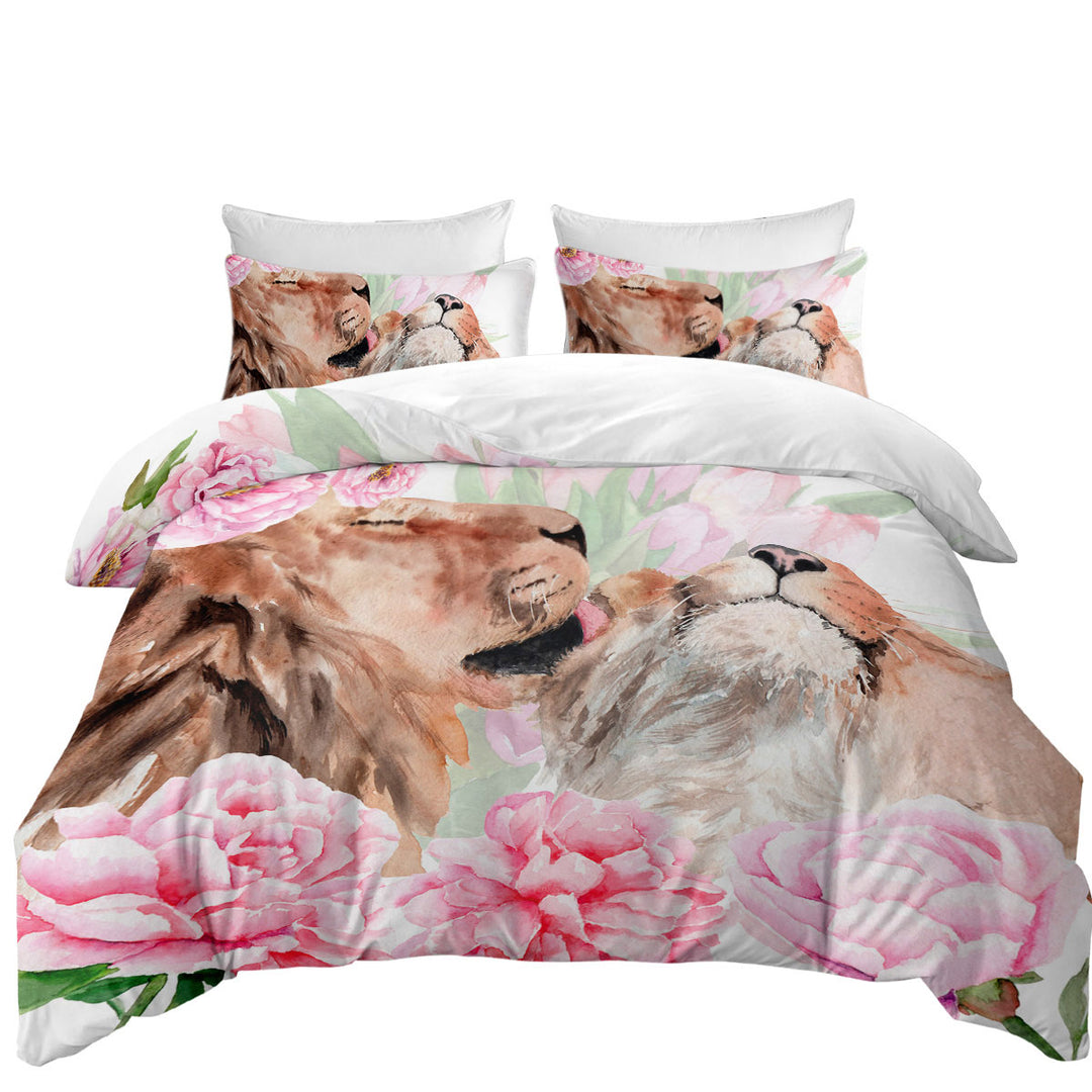 King Quilt Cover with Art Painting Pinkish Flowers and Loving Lions