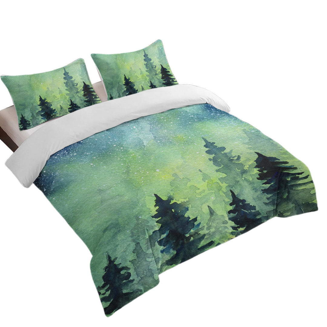 King Quilt Cover with Art Painting of Green Night Pine Forest