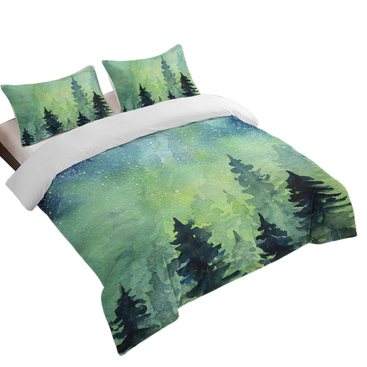 King Quilt Cover with Art Painting of Green Night Pine Forest