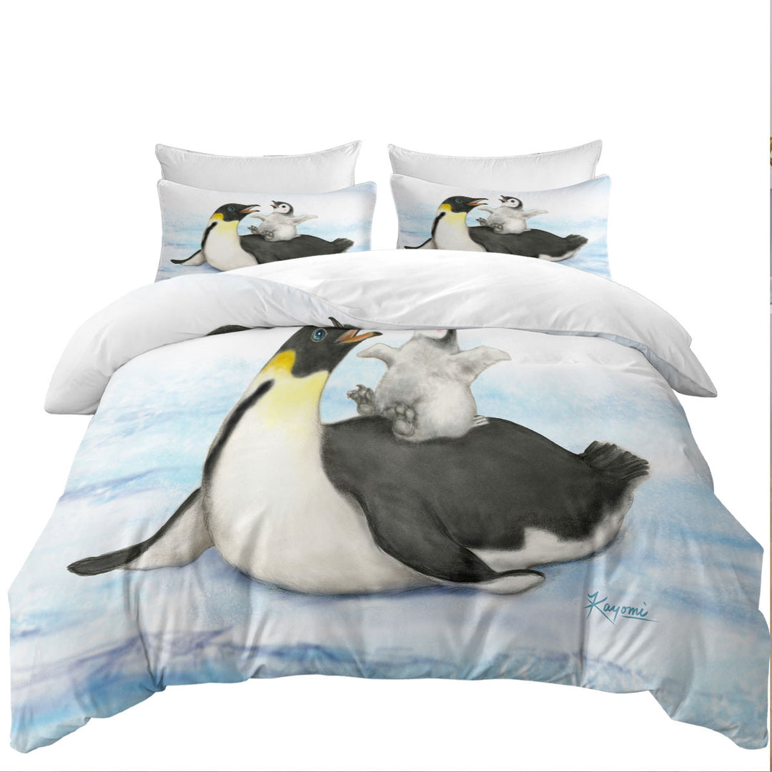 King Quilt Cover with Cute Animal Art Drawings Penguins Happy Time