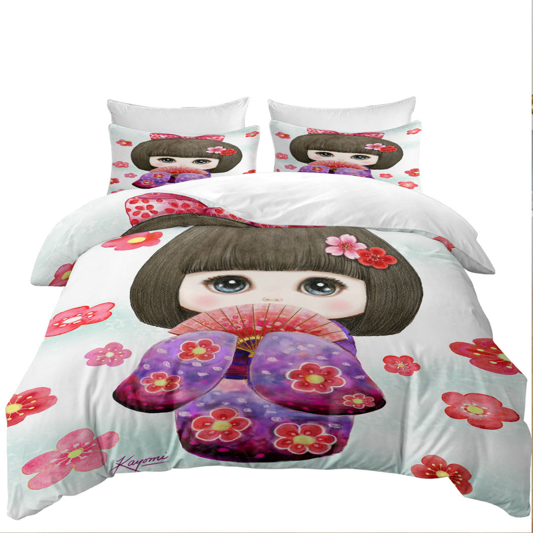 King Quilt Cover with Cute Japanese Girl Wearing Kimono and Folding Fan