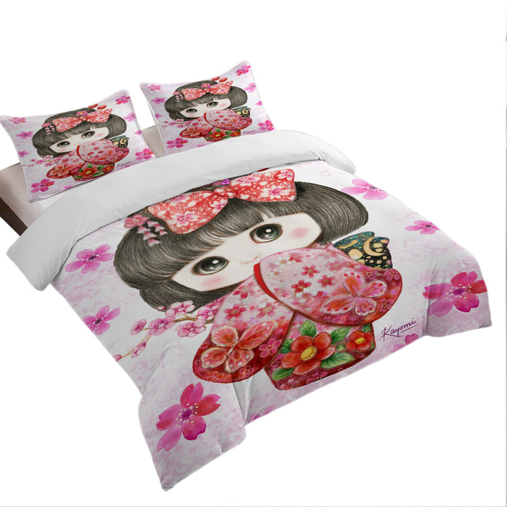 King Quilt Cover with Cute Japanese Kimono Cherry Flowers Girl
