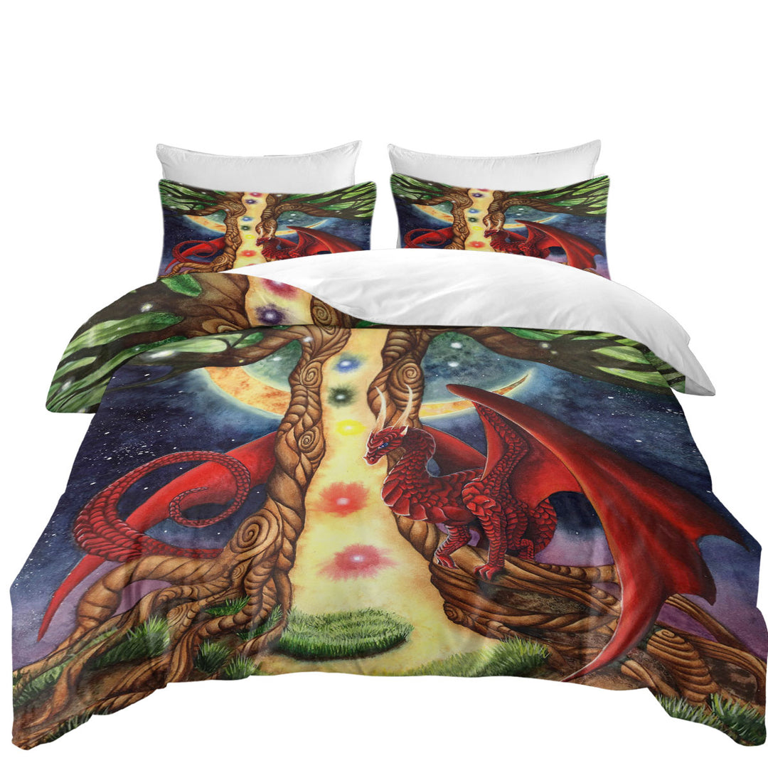 King Quilt Cover with Fantasy Art Morning vs Night Tree and Red Dragon