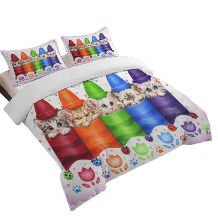 King Quilt Cover with Funny Cats for Kids Color Pencils Kittens