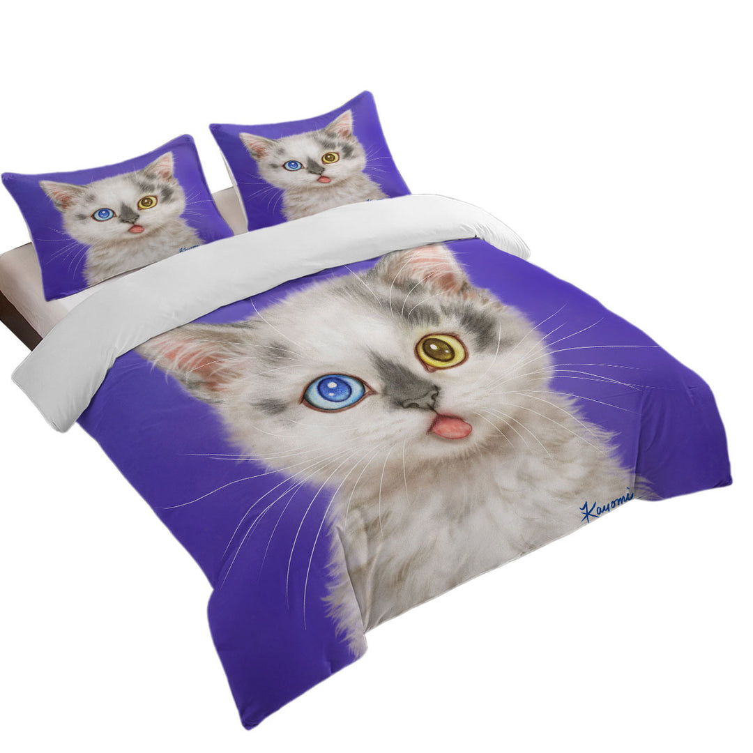 King Quilt Cover with Heterochromia Eyes White Grey Kitty Cat