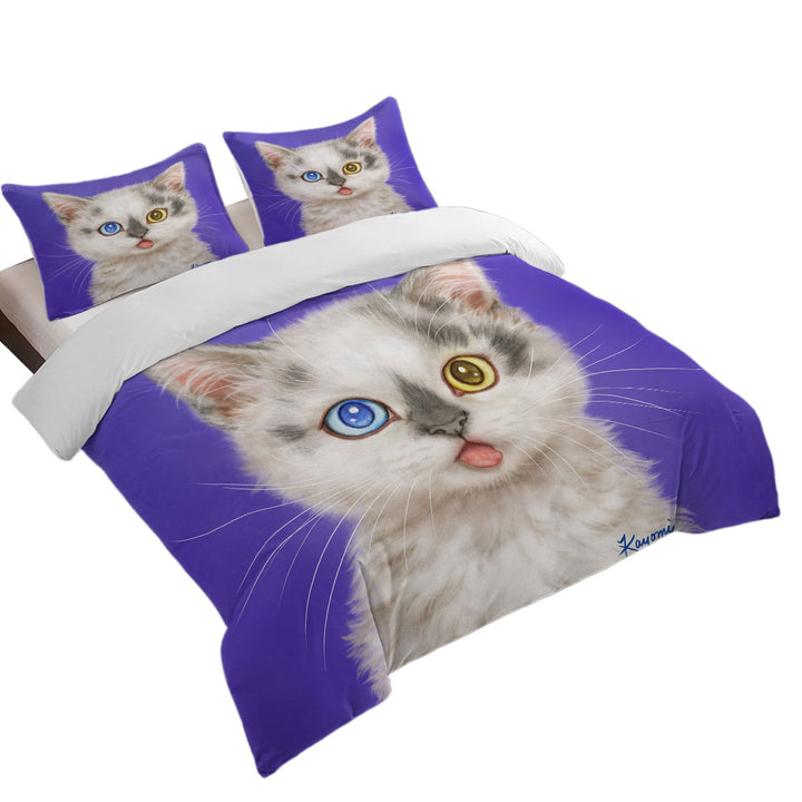 King Quilt Cover with Heterochromia Eyes White Grey Kitty Cat