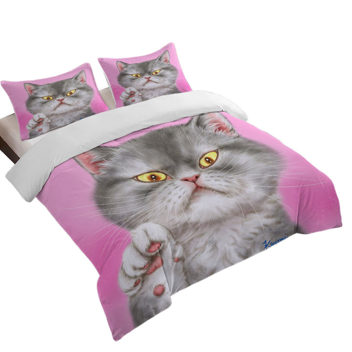 King Quilt Cover with Kittens Art Angry Grey Kitty Cat over Pink