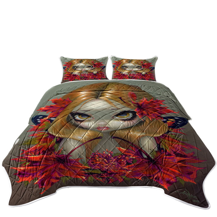 King Quilt with Big Eyed Fairy Portrait the Red Maple Leaves Fairy