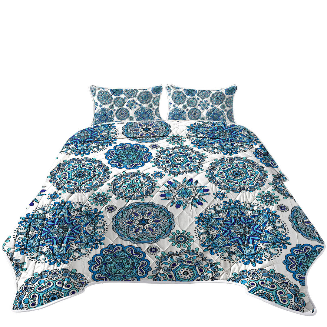 King Quilt with Blue Turquoise Snowflakes Mandalas