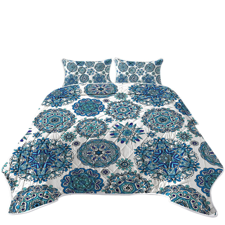 King Quilt with Blue Turquoise Snowflakes Mandalas