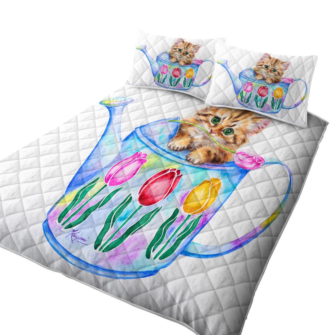 King Quilt with Cat Drawing for Kids Tulips and Kitten