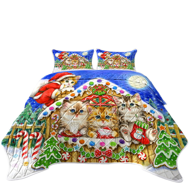 King Quilt with Christmas Cats Cute Gingerbread House for Kittens