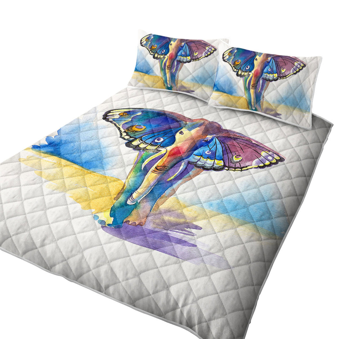 King Quilt with Colorful Artistic Elephant Meet Butterfly