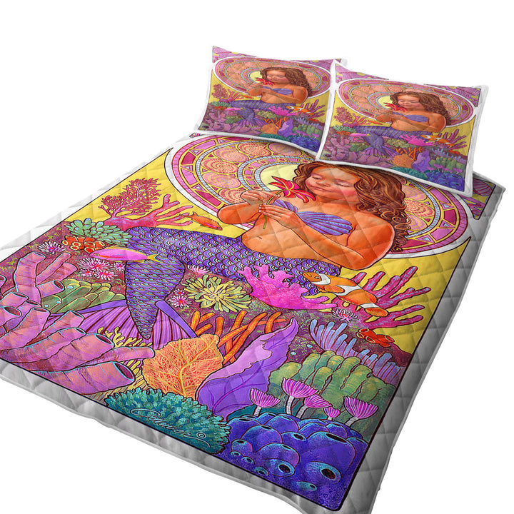 King Quilt with Colorful Coral and Mia the Girl Mermaid