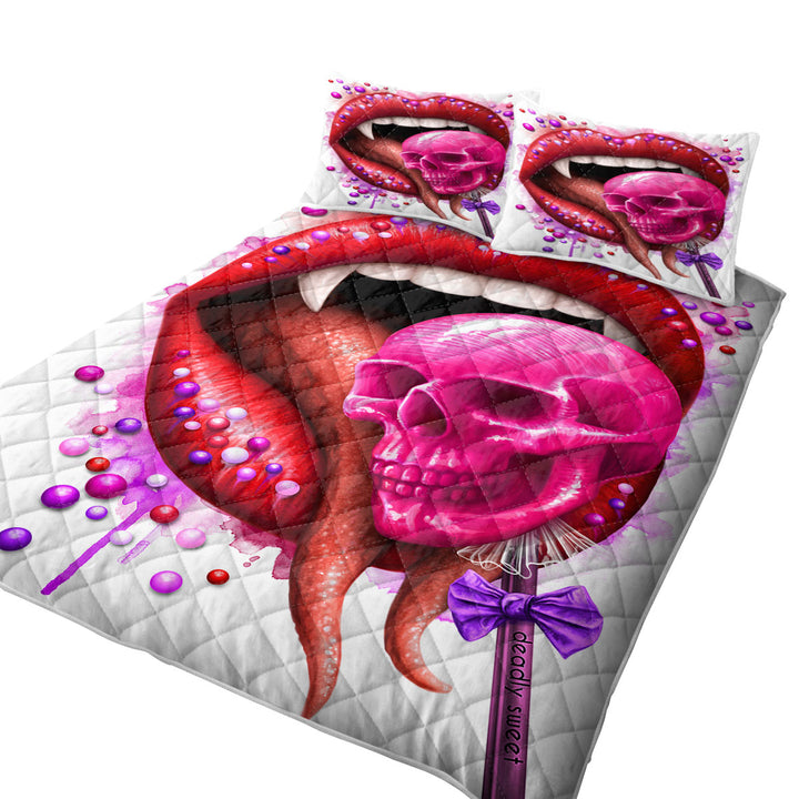 King Quilt with Cool Art Deadly Sweet Lips and Lollipop Skull